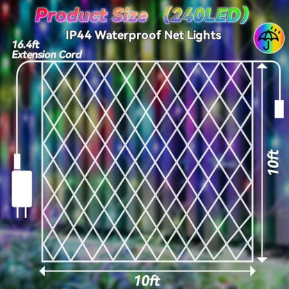 RGB Connectable 10x10FT Outdoor Christmas Net Lights 240 LED with Remote