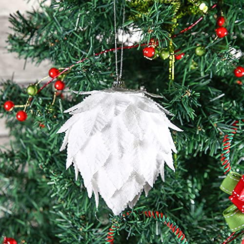 Set of 4 White Christmas Tree Ornaments - Pinecone & Glitter Decor