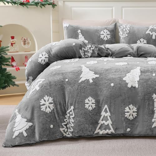 King Size Christmas Duvet Cover Set with Christmas Tree Jacquard Fluffy Bedding - Grey, 3 Pieces