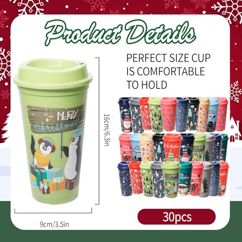 30 Pack Christmas Reusable Coffee Cups with Lids 16oz - Holiday Plastic Tumblers for Hot & Cold Drinks - Festive Gift Set for Women Teachers Friends - Chic Variation