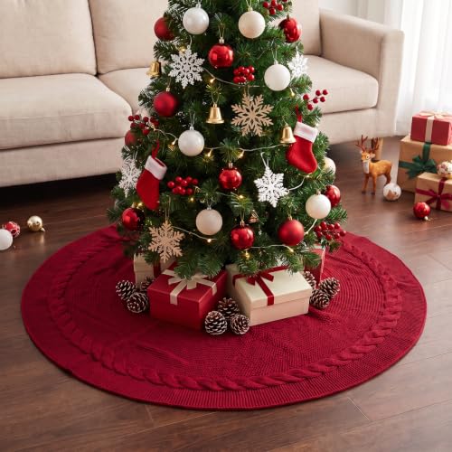 Benjia 48 Inch Knitted Christmas Tree Skirt Red 120cm Rustic Holiday Decor
