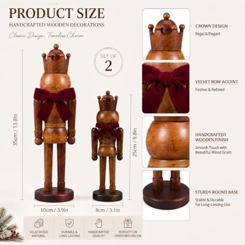 Amyhill 2-Piece Wooden Nutcracker Figures Decor - 14 Inch & 10 Inch, Brown, Velvet Bow Variation