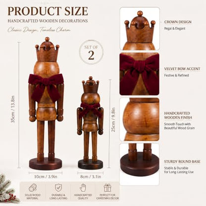 Amyhill 2-Piece Wooden Nutcracker Figures Decor - 14 Inch & 10 Inch, Brown, Velvet Bow Variation