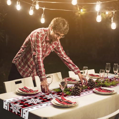 Christmas Table Runner 72x13 Inch Red Black Checkered Snowflake Pattern Holiday Decor