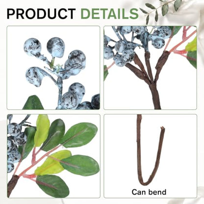 Fake Blueberries with Natural Stems - 3 Pack Artificial Blueberry Decor