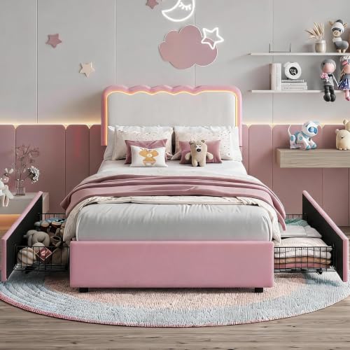 Pink Twin Bed Frame with Storage Drawers, LED Lights & Wavy Cloud Headboard