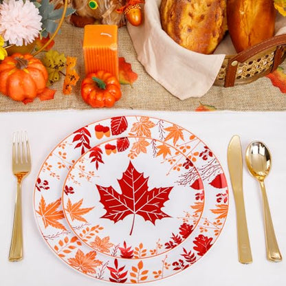 Thanksgiving Plastic Plates Set - Red Orange Round Style for Fall Parties, 30 Dinner & Dessert Plates with Gold Cutlery