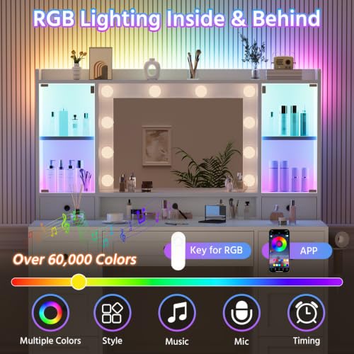 Makeup Vanity Desk with Mirror and RGB Lighting, 9 Drawers & Cabinets