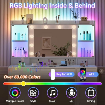 Makeup Vanity Desk with Mirror and RGB Lighting, 9 Drawers & Cabinets