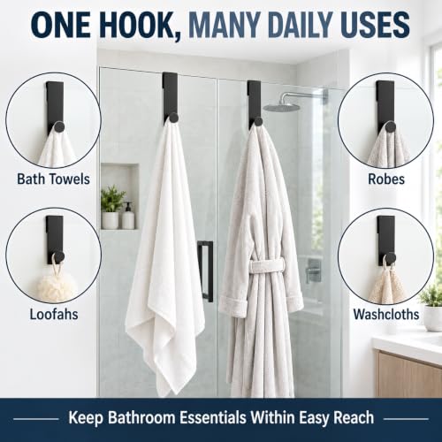 Matte Black 7.5 Inch Shower Door Hooks for Frameless Glass Doors - 2 Pack