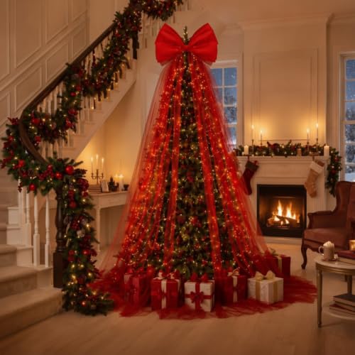 Giant Red Christmas Tree Bow Topper - 9.8Ft Matte Gauze Holiday Decor