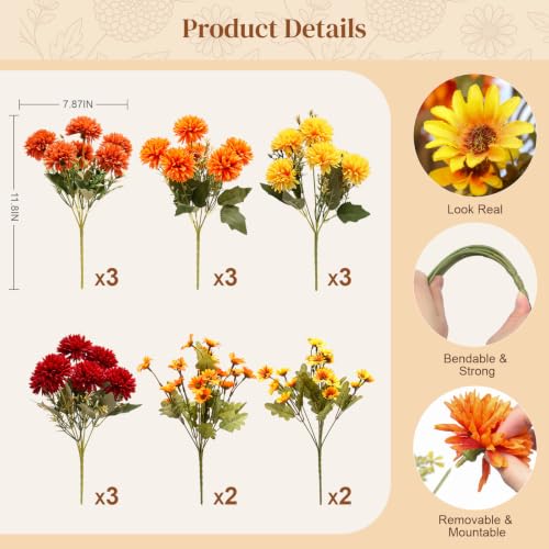 Artificial Fall Mums Flowers Set - 16 Pcs Indoor Outdoor Decor - A-16pcs