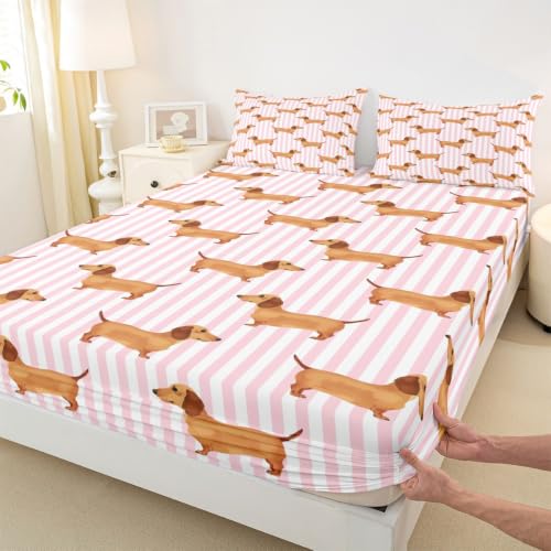 Castle Fairy Pink Striped Dachshund Bed Sheet Set King Size - Deep Pocket Kids Bedding