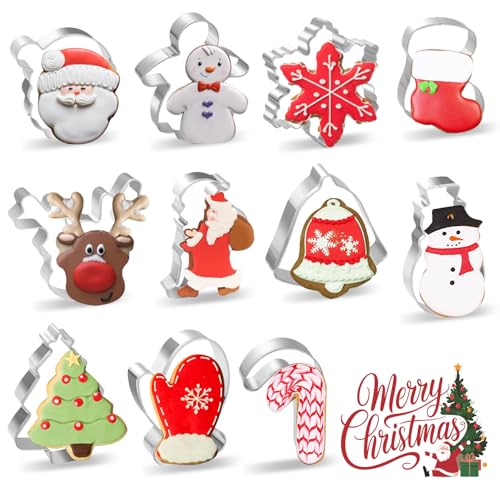 Christmas Cookie Cutters Set - 11 Stainless Steel Shapes Including Snowflake, Snowman, Bell & More | Holiday Baking Supplies