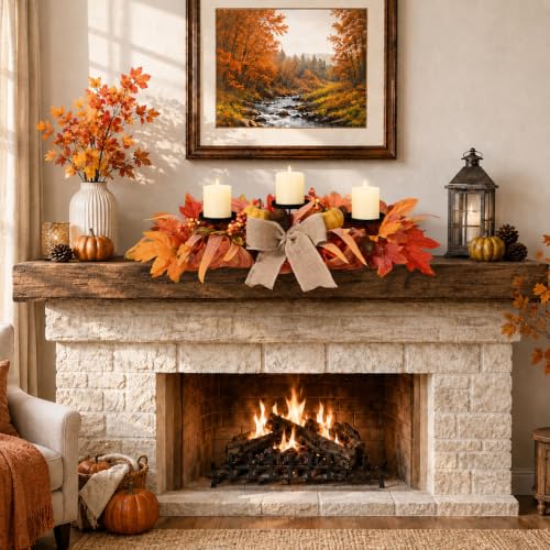 Yellow 26-Inch Fall Candle Holder Centerpiece with Pumpkins and Burlap Bow