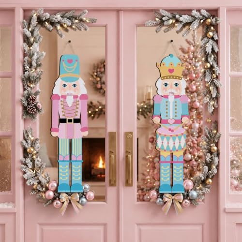 Pastel Christmas Nutcracker Door Sign Set - Pink Wooden Holiday Decorations