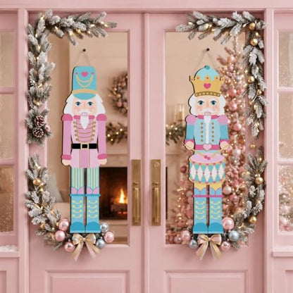 Pastel Christmas Nutcracker Door Sign Set - Pink Wooden Holiday Decorations