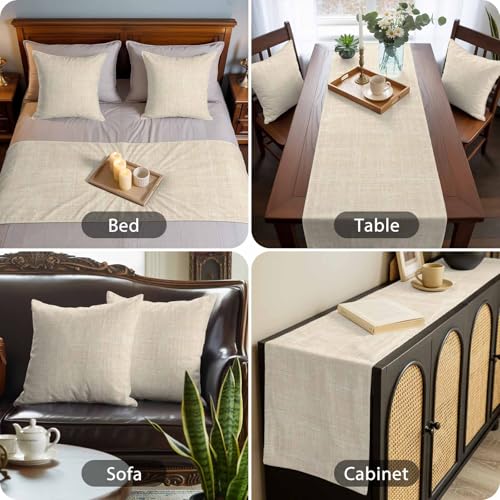 Cal King Bed Runner with Pillow Covers 102x20 Cream Linen Fabric Decorative Set