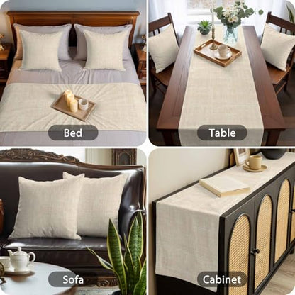 Cal King Bed Runner with Pillow Covers 102x20 Cream Linen Fabric Decorative Set