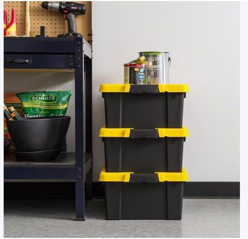 Heavy Duty Stackable Storage Tote - 12-Gallon Latching Lid Bins | Black, 3-Pack