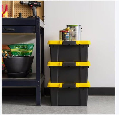 Heavy Duty Stackable Storage Tote - 12-Gallon Latching Lid Bins | Black, 3-Pack