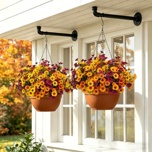 Artificial Fall Mums Flowers - 9 Bundles in Orange, Red, Yellow, Brown - Outdoor Decor