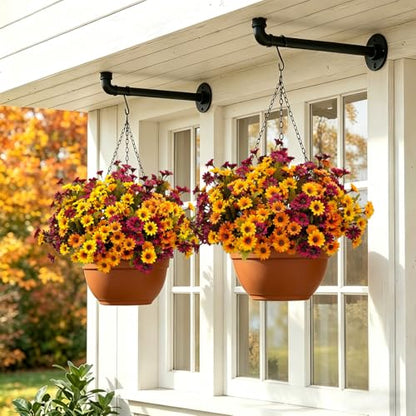 Artificial Fall Mums Flowers - 9 Bundles in Orange, Red, Yellow, Brown - Outdoor Decor