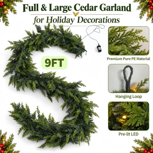 9FT Pre-Lit Christmas Garland with Lights, Real-Touch Cedar Greenery, Large Branches - Indoor Outdoor Decor