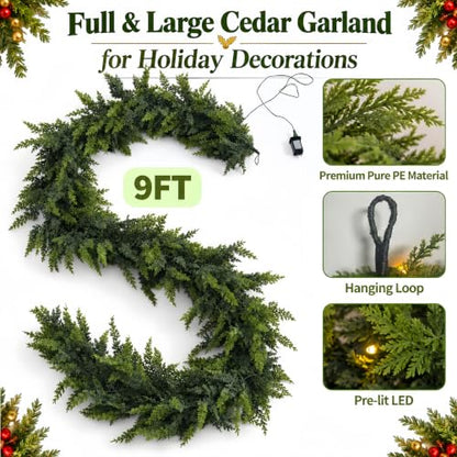 9FT Pre-Lit Christmas Garland with Lights, Real-Touch Cedar Greenery, Large Branches - Indoor Outdoor Decor