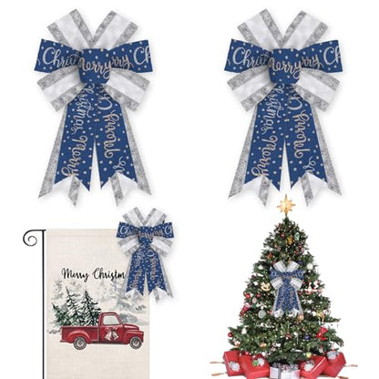 2PCS Glitter Silver Blue Christmas Bow for Wreath & Tree Topper - Style8