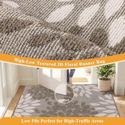 Brown 2x8 ft Non Slip Washable Runner Rug for Hallway Kitchen - Floral High-Low Design