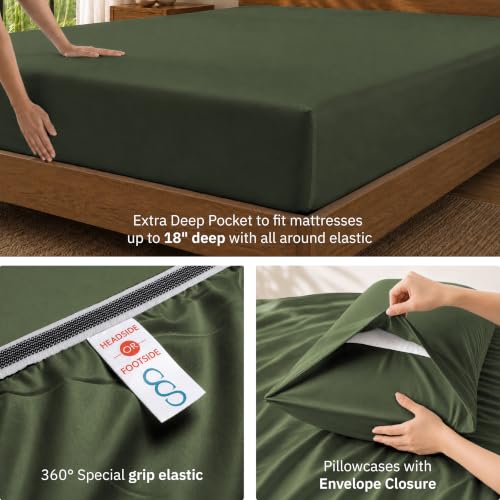 Queen Size Viscose from Bamboo Sheets Dark Olive - Cooling & Silky Soft