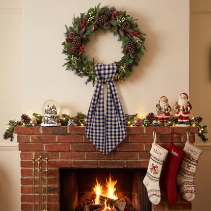 Navy Blue Linen Plaid Wreath Sash for Front Door - Holiday & Event Decor