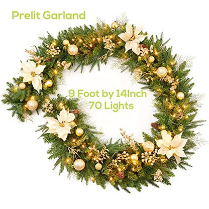 9Ft Artificial Christmas Garland Prelit with Gold Berries & Balls - Plug In, Gold / Holiday Decor