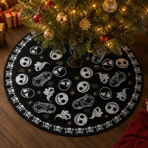 Gothic Christmas Tree Skirt 48 Inch Round Skull Face Black Holiday Decor