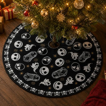 Gothic Christmas Tree Skirt 48 Inch Round Skull Face Black Holiday Decor