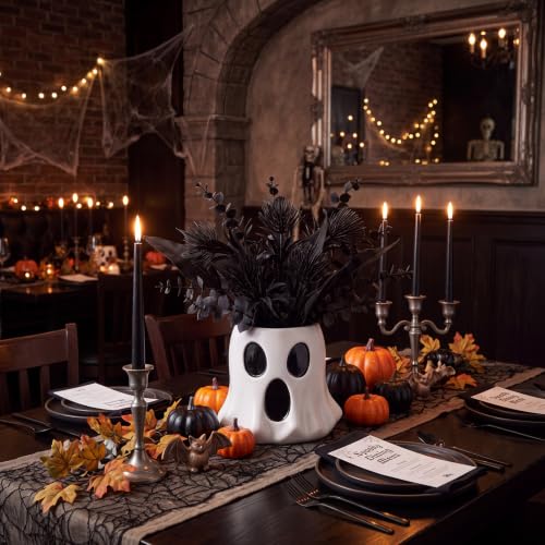 Halloween Ghost Flower Vase Planter with Black Artificial Plant - Variation of Ghost