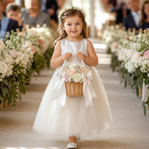 Wicker Flower Girl Basket Set with Pearl Handle & Bow for Wedding Decor