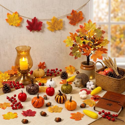 Fall Table Decor Pumpkin Set with Leaves Berries and Acorns - 73 Pieces