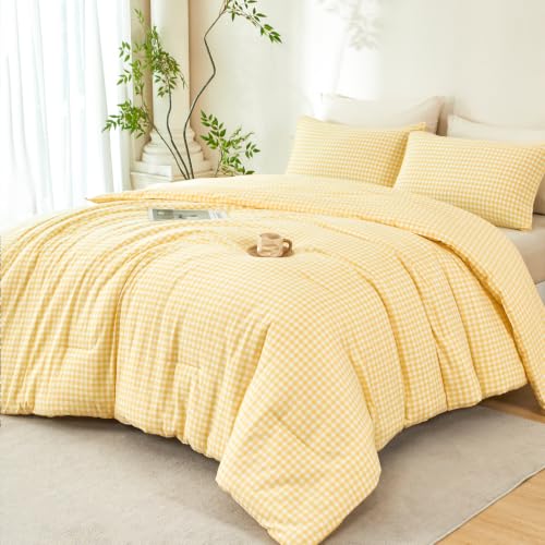 Queen Gingham Comforter Set - Yellow Checkered Bedding for Bedroom Decor