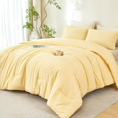 Queen Gingham Comforter Set - Yellow Checkered Bedding for Bedroom Decor
