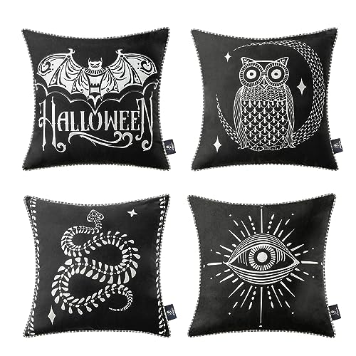 Phantoscope Pack of 4 Happy Halloween Throw Pillow Covers, Printed Halloween Bat Owl Snake and Totem Eye Fall Decorative Pillowcase Cushion Covers, Blank and White, 18 x 18 inch 45 x 45 cm