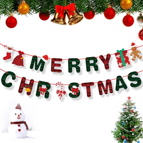 Christmas Banner Set with Gingerbread Socks Signs - Red & Green Holiday Paper Garland for Indoor Outdoor Decorations
