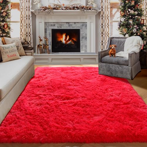 Red Fluffy Area Rug for Bedroom Living Room 4x6 Bedside Rug - Non-slip