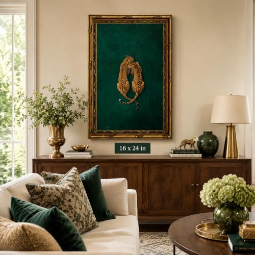 Emerald Cheetah Wall Art Canvas Print - Gold Frame Safari Decor 24x16