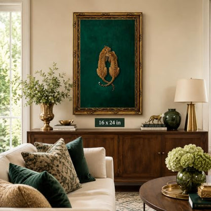 Emerald Cheetah Wall Art Canvas Print - Gold Frame Safari Decor 24x16