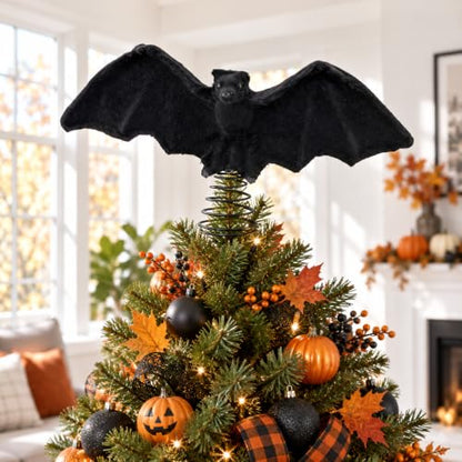 Halloween Bat Tree Topper - 10 Inch Black Plush Gothic Christmas Decoration