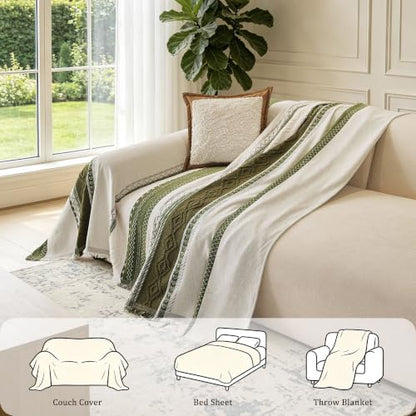 Boho Green Couch Cover for Sofa - Washable Pet-Friendly 2 Cushion Size