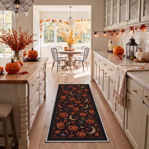 Halloween Rug Pumpkin Moon Non-Slip Indoor Welcome Mat - Midnight Orange 2x6 ft