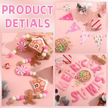 Christmas Felt Banner Set Pink White Gingerbread Holiday Decorations